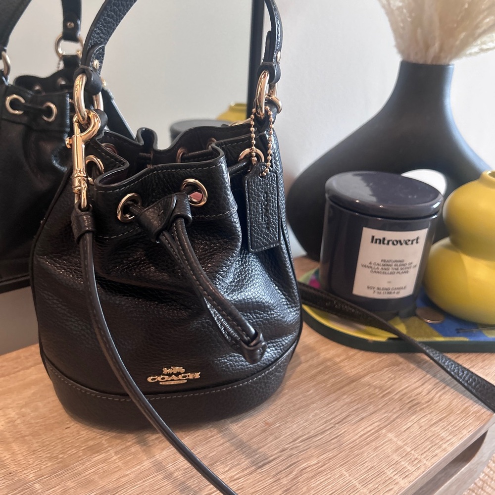 Coach Black Pebbled Leather Mini Drawstring Bucket Bag with Gold Hardware